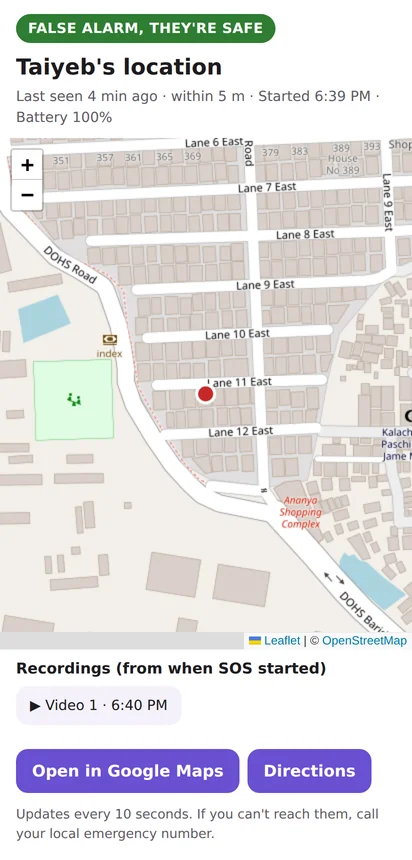 The live location page a contact opens: a map with a red dot, last seen time and accuracy, a list of recordings, and buttons for Google Maps and directions.