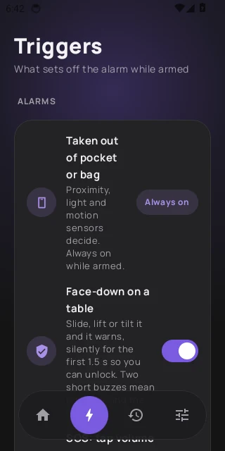 The Triggers screen: taken out of pocket or bag (always on) and face-down on a table, with their switches.