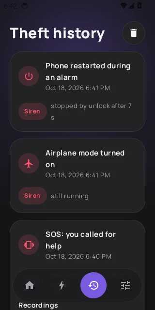Theft history: past alarms such as phone restarted during an alarm, airplane mode turned on, and SOS: you called for help.