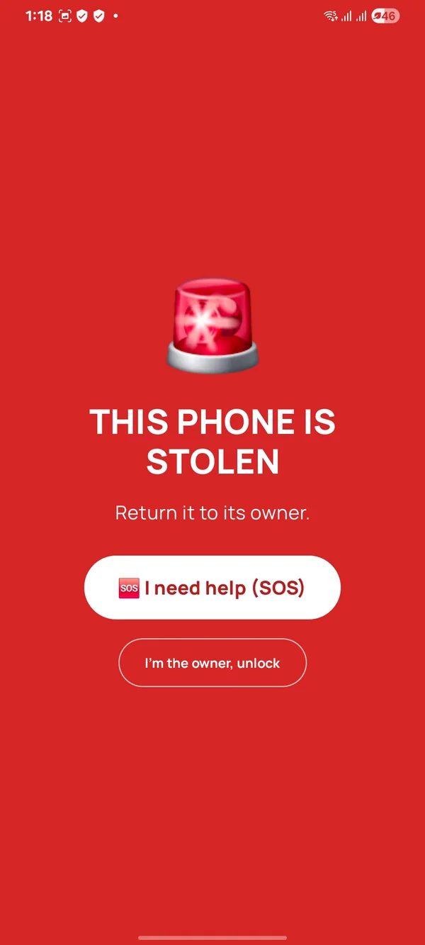 The theft alarm screen: a red siren, THIS PHONE IS STOLEN, return it to its owner, with an I need help (SOS) button and I'm the owner, unlock.