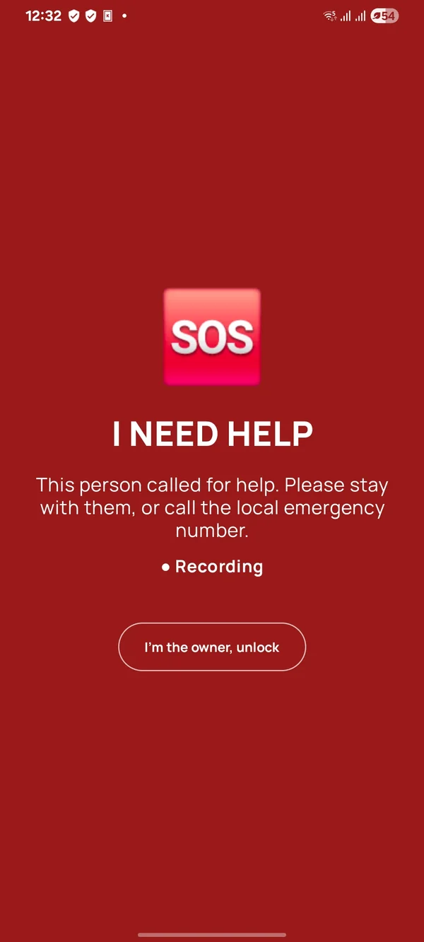 The SOS screen on her phone: I NEED HELP, this person called for help, please stay with them or call the local emergency number, Recording, and an I'm the owner, unlock button.