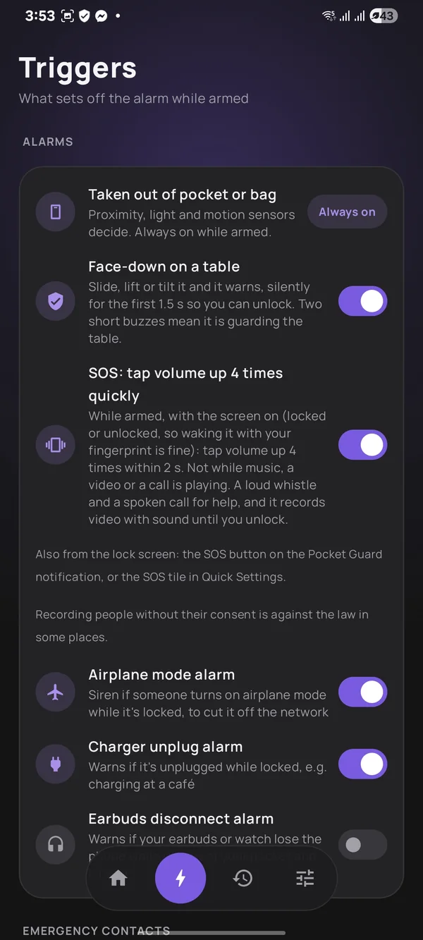 The Triggers screen: taken out of pocket or bag (always on), face-down on a table, SOS by tapping volume up 4 times, airplane mode, charger unplug and earbuds disconnect alarms, each with a switch.
